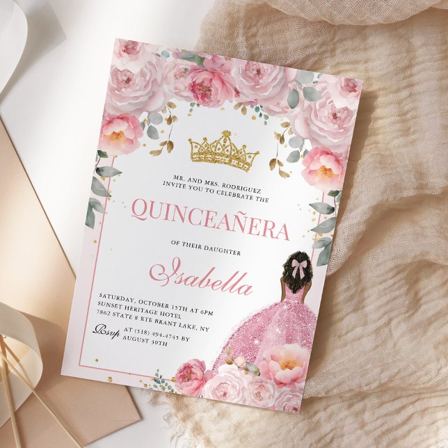 Invitación Princesa Quinceanera floral de oro rosa Rubor (Subido por el creador)