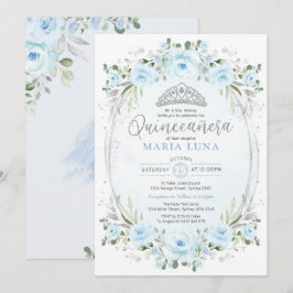 Invitación Princesa Quinceañera floral de plata azul