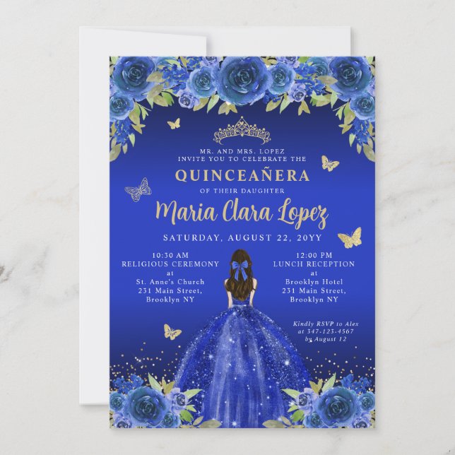 Invitación Princesa Quinceanera floral floral real (Anverso)