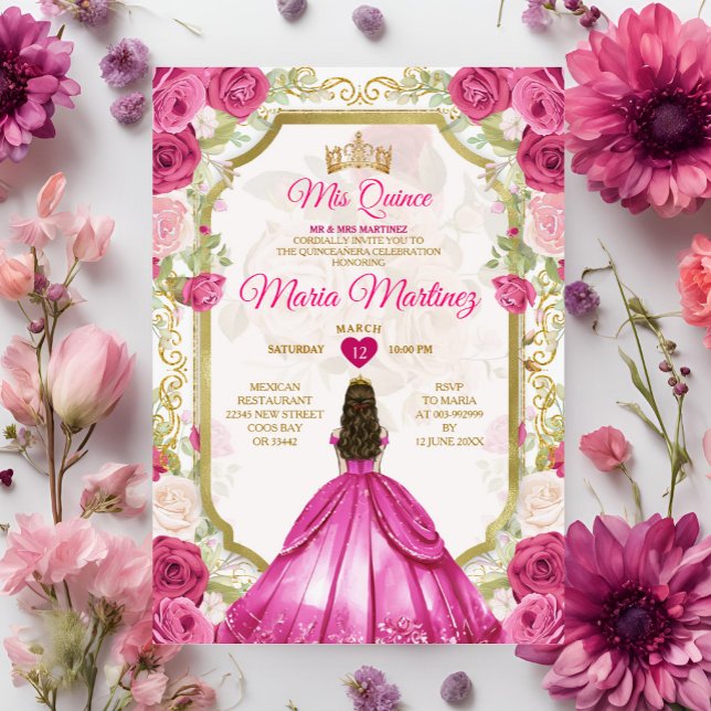 Invitación Princesa Quiñceanera floral rosa mexicana de Fuchs (Subido por el creador)