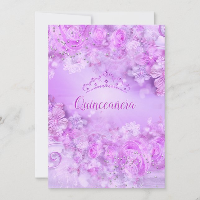 Invitación Princesa Quinceanera floral rosa morado Tiara (Anverso)
