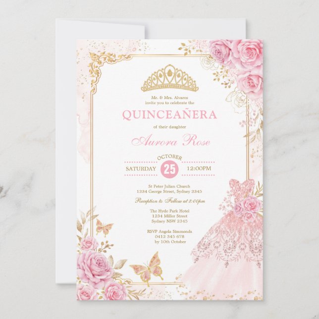 Invitación Princesa quinceañera floral rosa y dorada (Anverso)