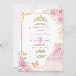 Invitación Princesa quinceañera floral rosa y dorada