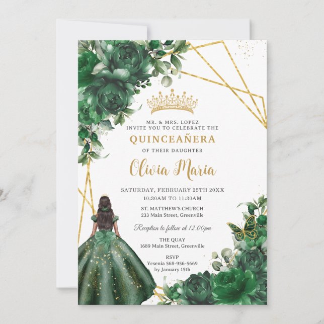 Invitación Princesa Quinceañera floral verde esmeralda de mod (Anverso)