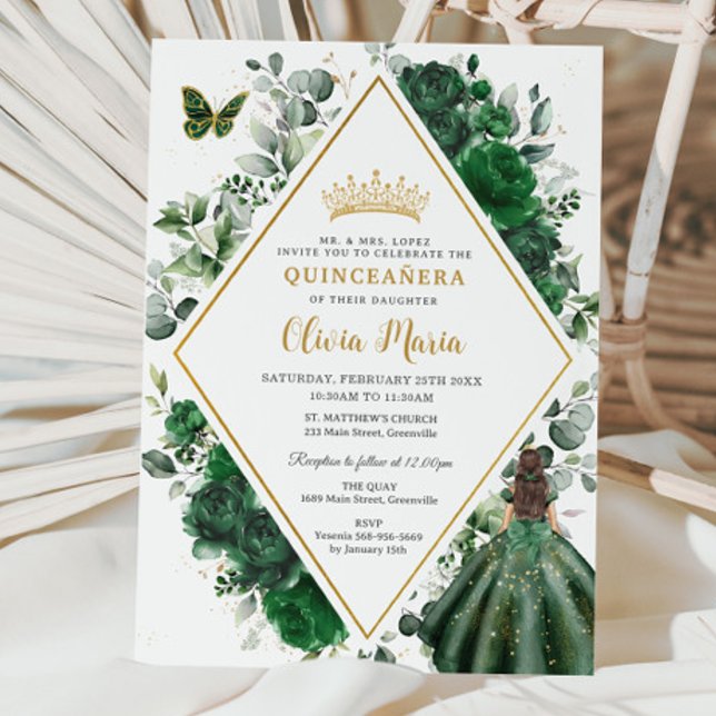 Invitación Princesa Quinceañera floral verde esmeralda de mod (Subido por el creador)