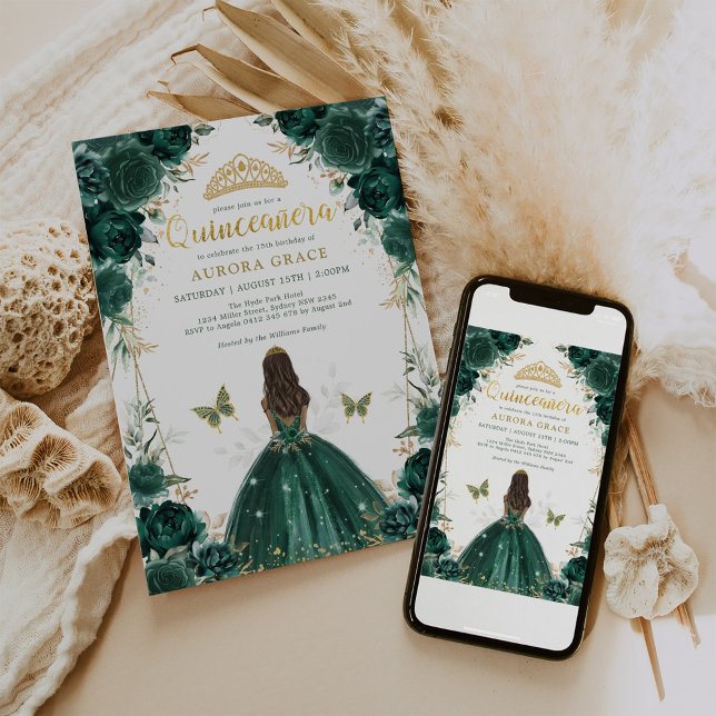 Invitación Princesa Quinceañera floral verde esmeralda de mod (Subido por el creador)