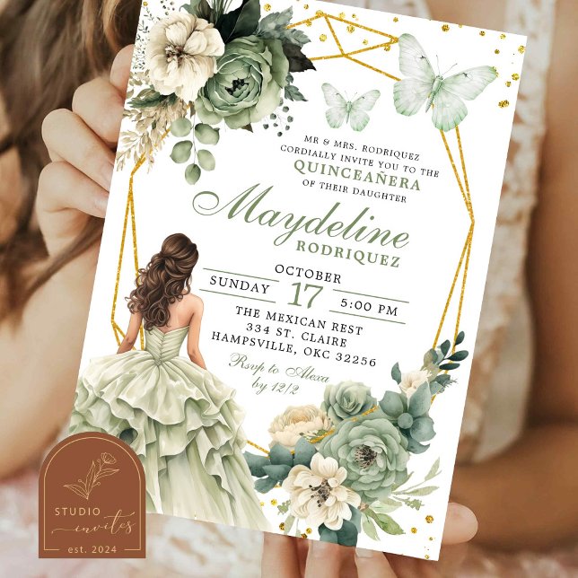 Invitación Princesa Quinceanera floral verde sabrosa mexicana (Subido por el creador)