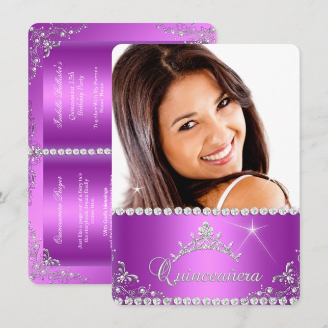 Invitación Princesa Quinceanera Foto Rosa Púrpura (Anverso / Reverso)