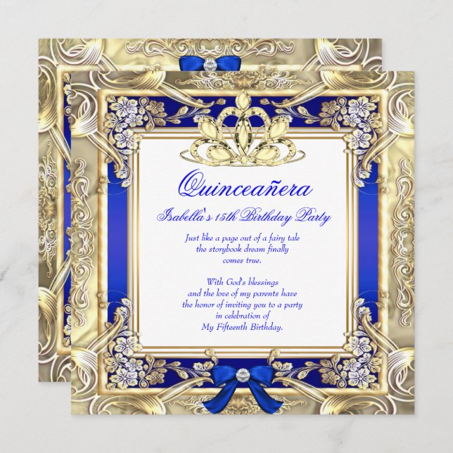 Invitación Princesa Quinceanera Gold Royal Blue Silver Blanco (Anverso / Reverso)