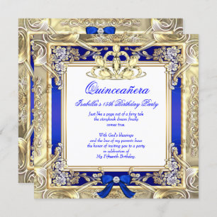 Invitación Princesa Quinceanera Gold Royal Blue Silver Blanco