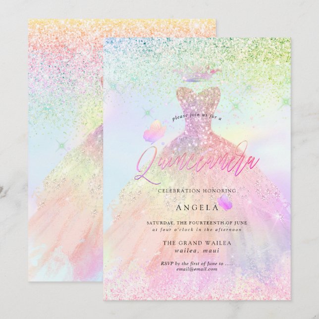 Invitación Princesa Quinceanera holográfica + mariposas (Anverso / Reverso)