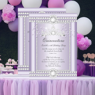 Invitación Princesa Quinceanera Lilac Corazones Diamante Tiar