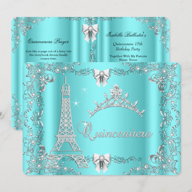 Invitación Princesa Quinceanera Magia Verde azulada Plata Azu (Anverso / Reverso)