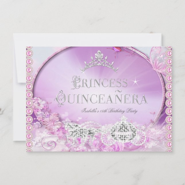 Invitación Princesa Quinceanera Magica Plata Púrpura Rosa 3 (Anverso)