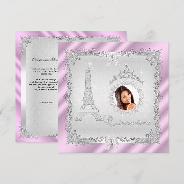 Invitación Princesa Quinceanera Magica Plata Rosa Foto 2 (Anverso / Reverso)
