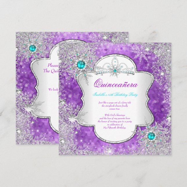 Invitación Princesa Quinceanera Morado Verde azulado Invierno (Anverso / Reverso)