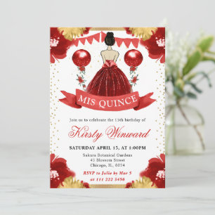 Invitación Princesa Quinceañera Morena con Vestido Rojo