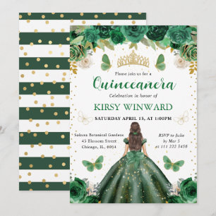 Invitación Princesa Quinceañera Morena con Vestido Verde