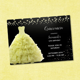 Invitación Princesa Quinceañera Negra Vestido Amarillo Luces