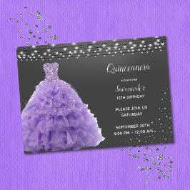 Invitación Princesa Quinceañera Negra Vestido Lavanda Luces