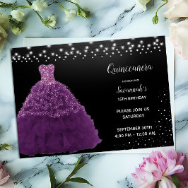 Invitación Princesa Quinceañera Negra Vestido Morado Luces