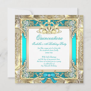 Invitación Princesa Quinceañera Oro Azul Teal Plateado Blanco