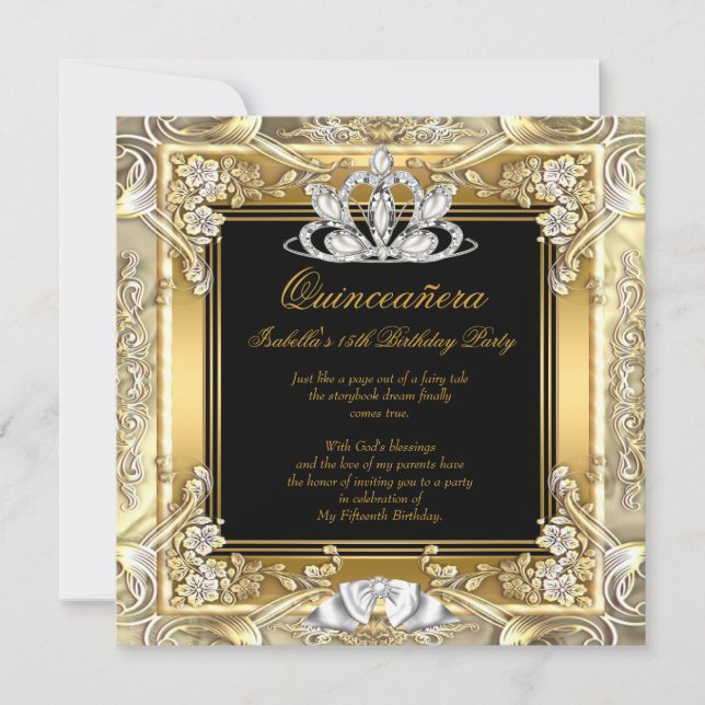 Invitación Princesa Quinceañera Oro Negro Plata Cumpleaños (Anverso)