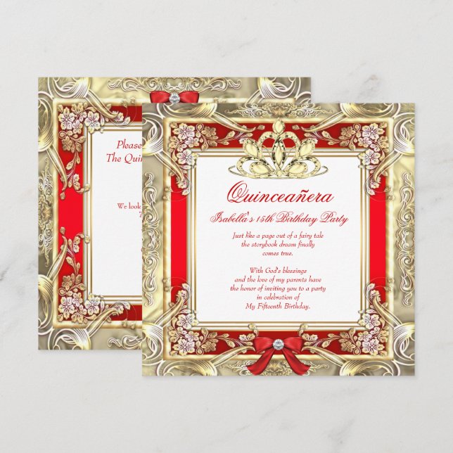 Invitación Princesa Quinceanera Oro Plata Rojo Blanco (Anverso / Reverso)
