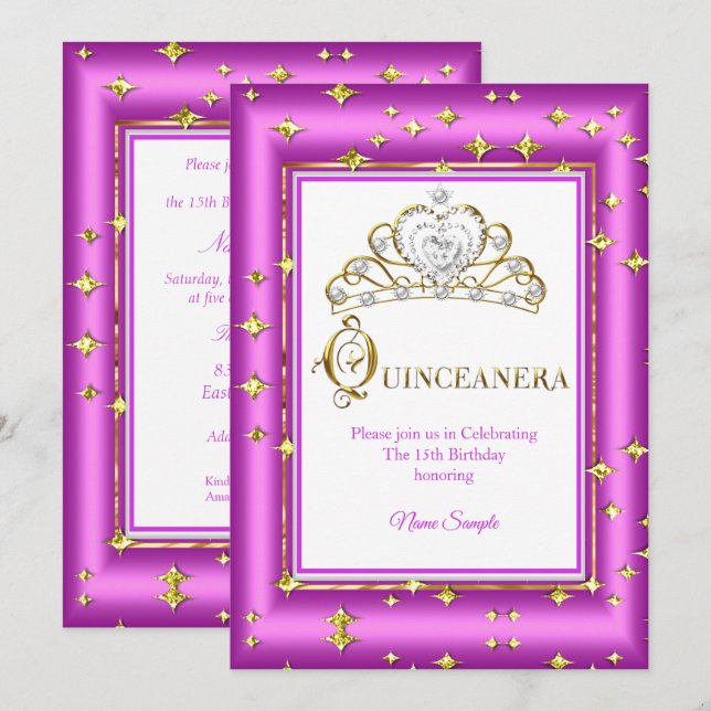 Invitación Princesa Quinceanera Oro Púrpura Cumpleaños (Anverso / Reverso)
