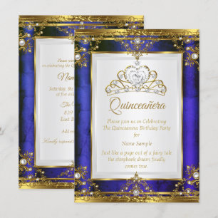 Invitación Princesa Quinceañera Perla Blanca Oro Azul