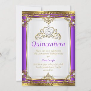 Invitación Princesa Quinceañera Perla Blanca Oro Púrpura