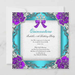 Invitación Princesa Quinceañera Purpura Turquesa Cumpleaños 1
