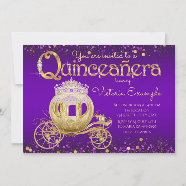 Invitación Princesa Quinceanera púrpura y dorada (Anverso)
