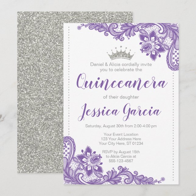 Invitación Princesa Quinceañera, Purpurina de color morado y  (Anverso / Reverso)