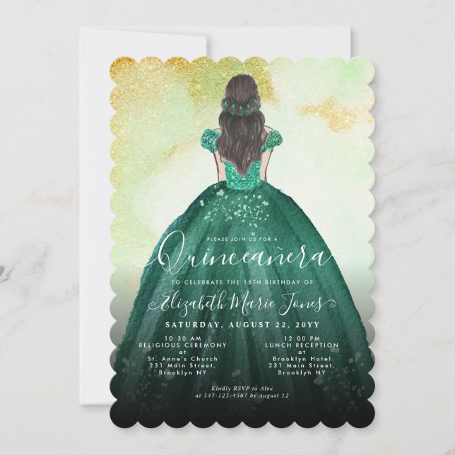Invitación Princesa Quinceañera, Purpurina de oro verde esmer (Anverso)