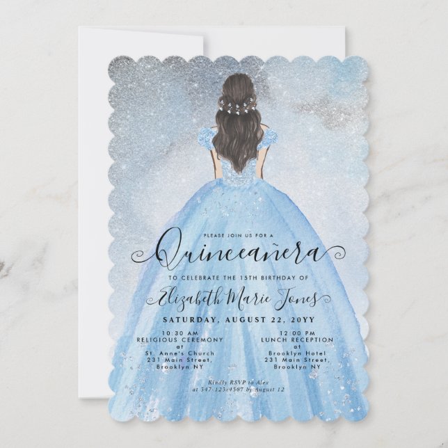 Invitación Princesa Quinceañera, Purpurina de Plata Azul (Anverso)