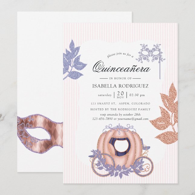Invitación Princesa Quinceañera Purpurina Rosa de Oro y Lilac (Anverso / Reverso)