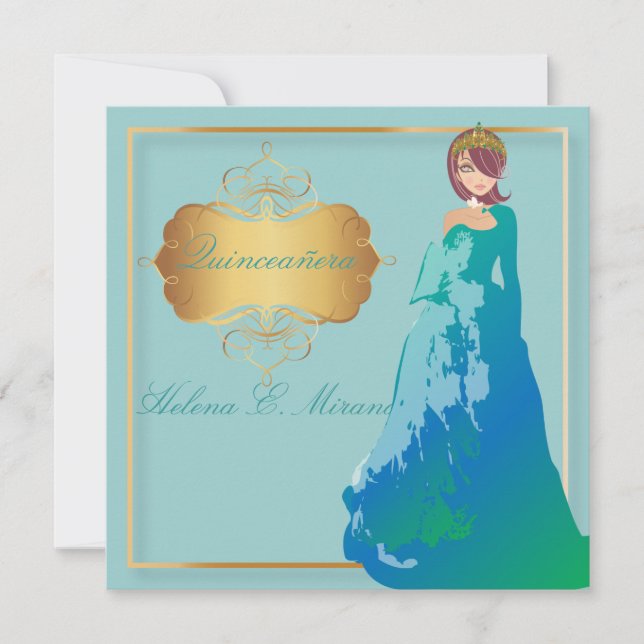 Invitación princesa Quinceañera/Quince años/verde azulada (Anverso)