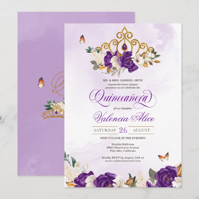 Invitación Princesa Quinceanera, Rosa de mariposa real púrpur (Anverso / Reverso)