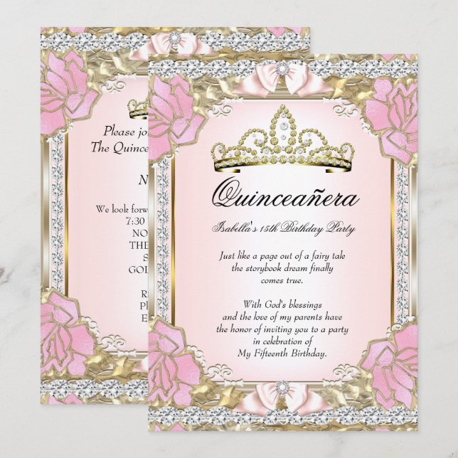 Invitación Princesa Quinceañera Rosa Dorado Cumpleaños 15 2 (Anverso / Reverso)