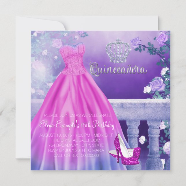 Invitación Princesa Quinceañera Rosa Púrpura (Anverso)