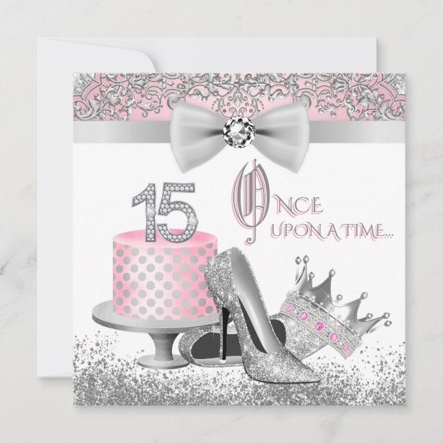 Invitación Princesa Quinceanera Rosa y Plata 15 años (Anverso)
