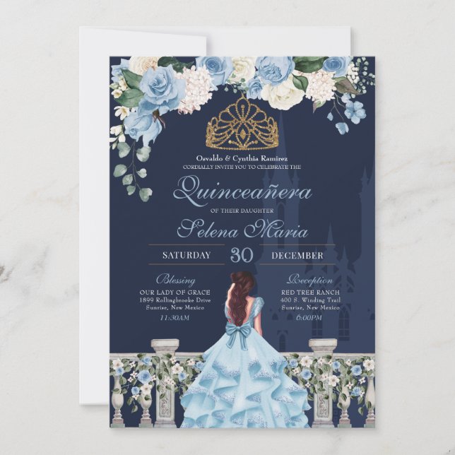 Invitación Princesa Quinceañera Rosas Blue Light de la Marina (Anverso)