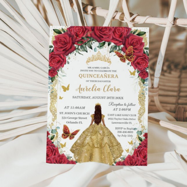 Invitación Princesa Quinceañera Roses Rojos Floral Dorado (Subido por el creador)