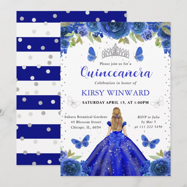 Invitación Princesa Quinceañera Rubia Azul Real (Anverso / Reverso)