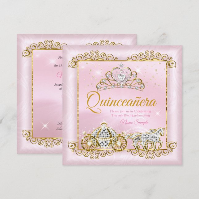 Invitación Princesa Quinceañera Rubor Rosa Dorado carruaje (Anverso / Reverso)