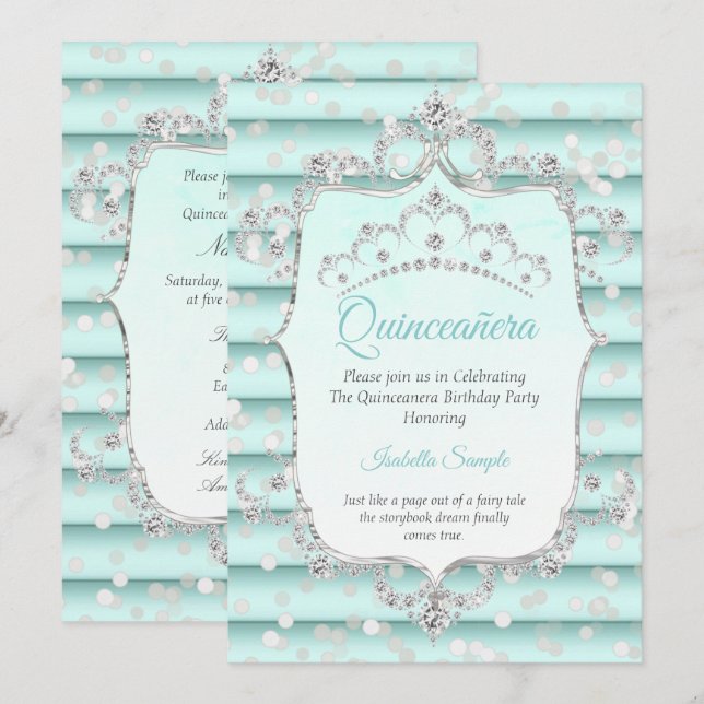 Invitación Princesa Quinceanera suave diamante azul verde azu (Anverso / Reverso)
