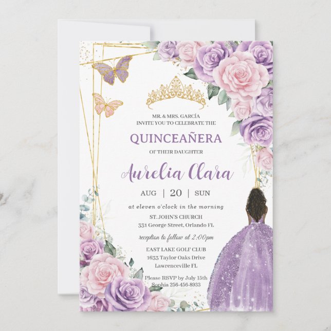 Invitación Princesa Quinceañera suave morada rosa floral marr (Anverso)