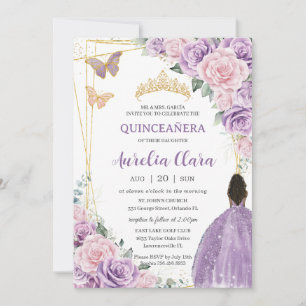 Invitación Princesa Quinceañera suave morada rosa floral marr
