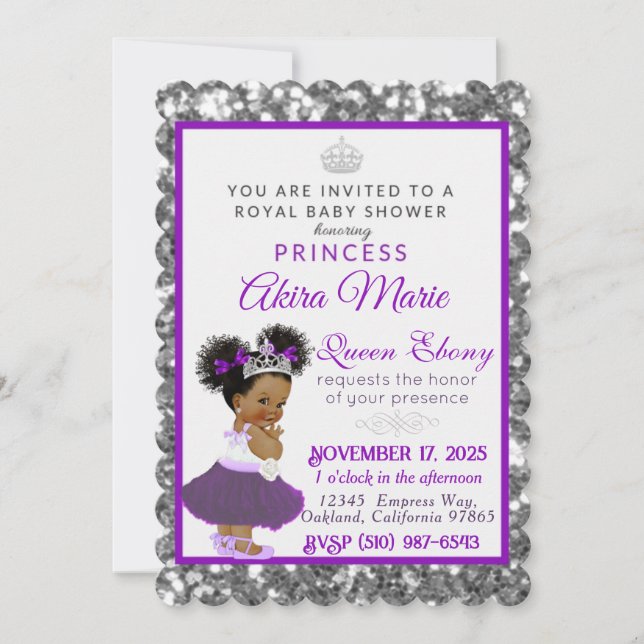 Invitación Princesa real africana morada|Purpurina plateado (Anverso)